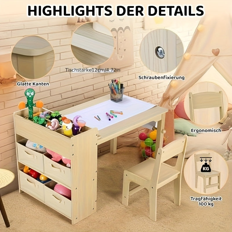 Children'S Table With 2 Chairs, Children'S Seating Group With Storage Space, Wooden Children'S Table Chair Set, Painting Table Desk With Paper Roll And 4 Storage Boxes, Children'S Table For School Daycare