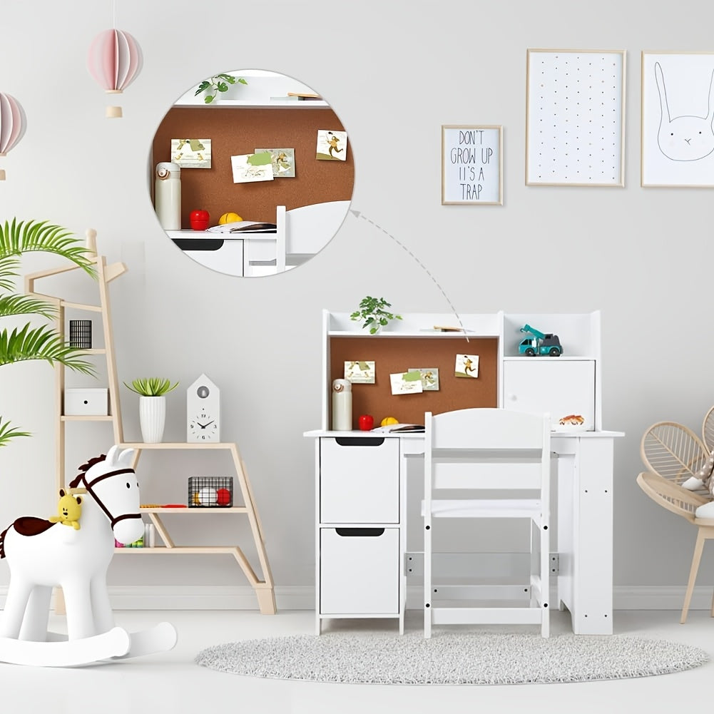 Kids Study Desk and Chair Set with Storage - White Learning Table with Bookshelf, Cabinets & Adjustable Chair, Non-Toxic Durable Kids Furniture for Boys & Girls, Easy Assembly, Compact Desk for, Classroom, Playroom