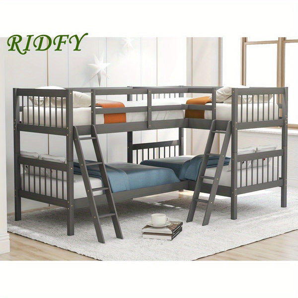 RIDFY L-Shaped Bunk Bed with Ladder, Twin Size-Gray