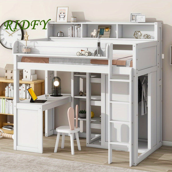 Wood Twin Size Loft bed with Multiple Storage Shelves and Wardrobe, White