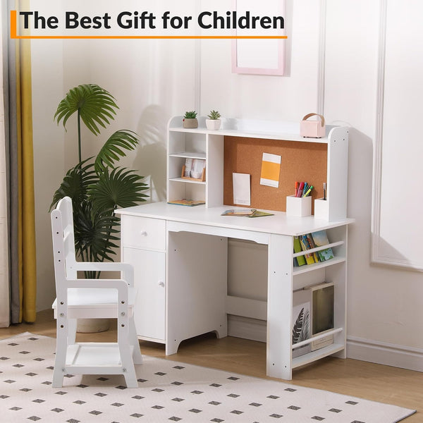 Study Desk and Chair Set for Children, Study Table for Children- Features Bookshelf, Bulletin Board, Cabinets and Drawer, White