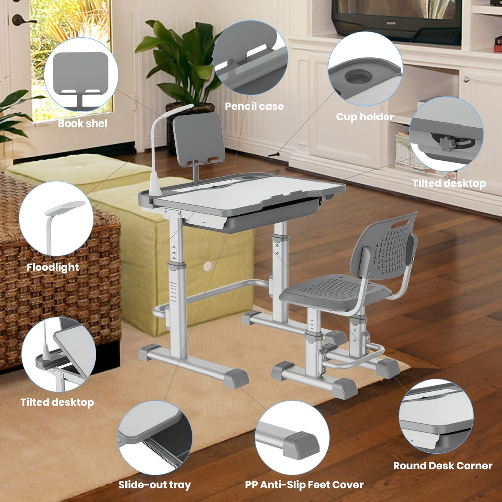 Study Table And Chair Set - Height-adjustable, Tilting Tabletop, Ergonomically Designed Table And Chair for Kids, Primary School Students And Teenagers Aged 3-18 Years (pink, Blue, Grey). Car Accessories, Christmas Gifts