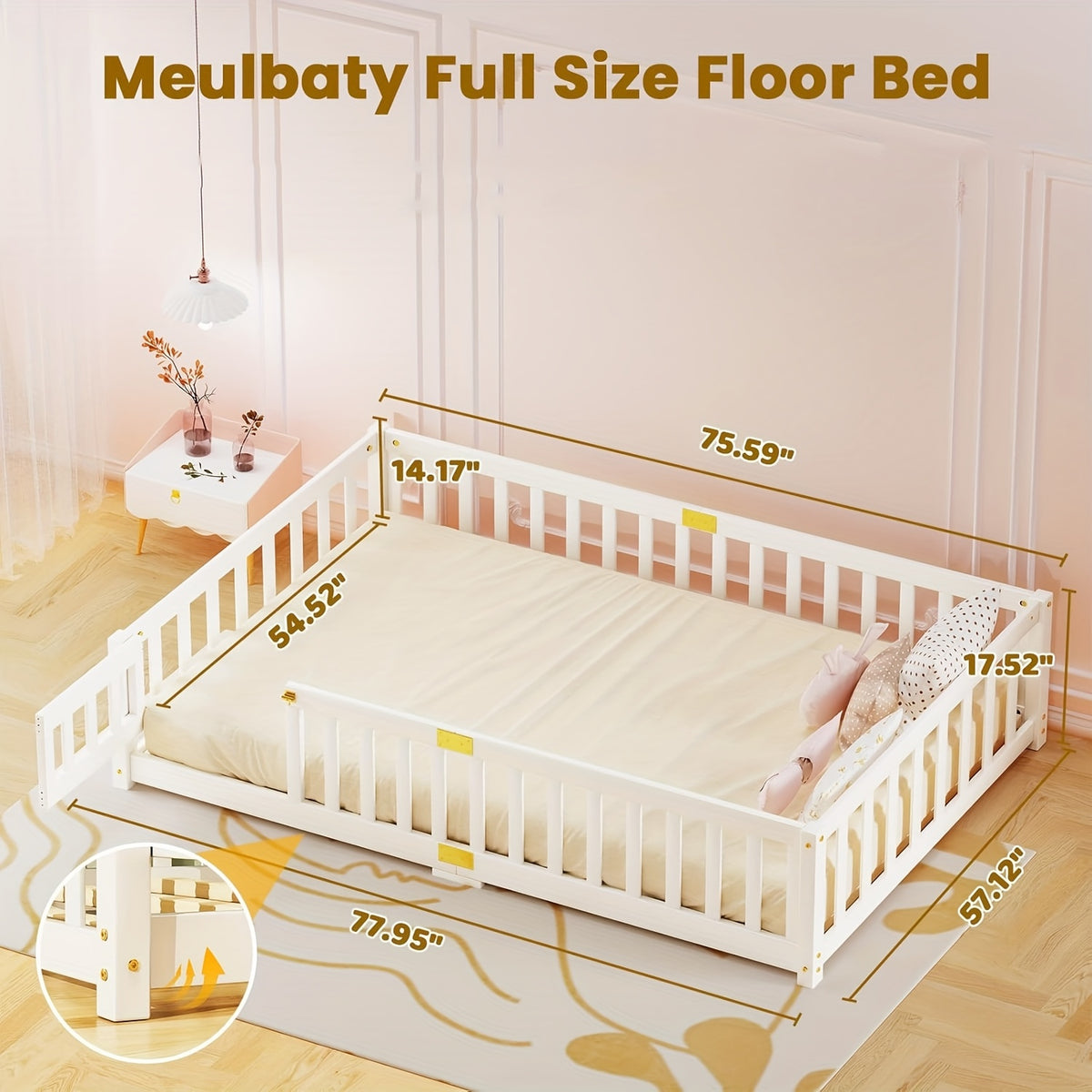 MOPHOTO Montessori Toddler Floor Bed With Safety Rails & Lockable Door - Full Size Kids Bed Frame For 1-3 Years Old, Natural Wood Child Bed For Safe Sleep & Independence Without Mattress