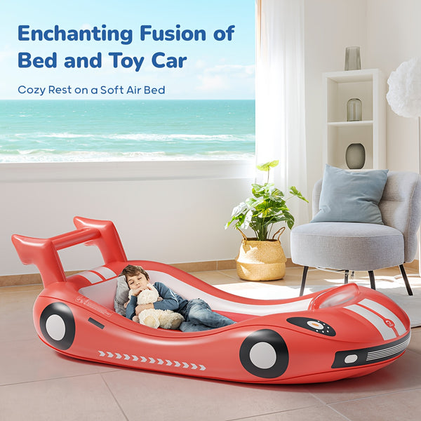 Inflatable Kids Bed with Sides - Race Car Design Portable Travel Bed with Hand Pump, Durable Plastic Construction & Safety Rails, Indoor\u002FOutdoor Air Mattress for Camping, Hotels, Home Use - No Assembly Required, Lightweight & Easy Setup