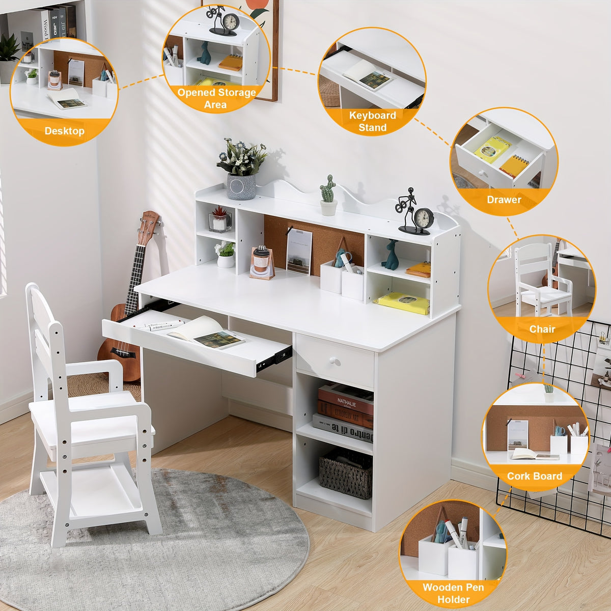 Kids Desk And Chair Set, Wooden Study Table with Storage Shelf, Bulletin Board, Keyboard Stand And Pen Holder