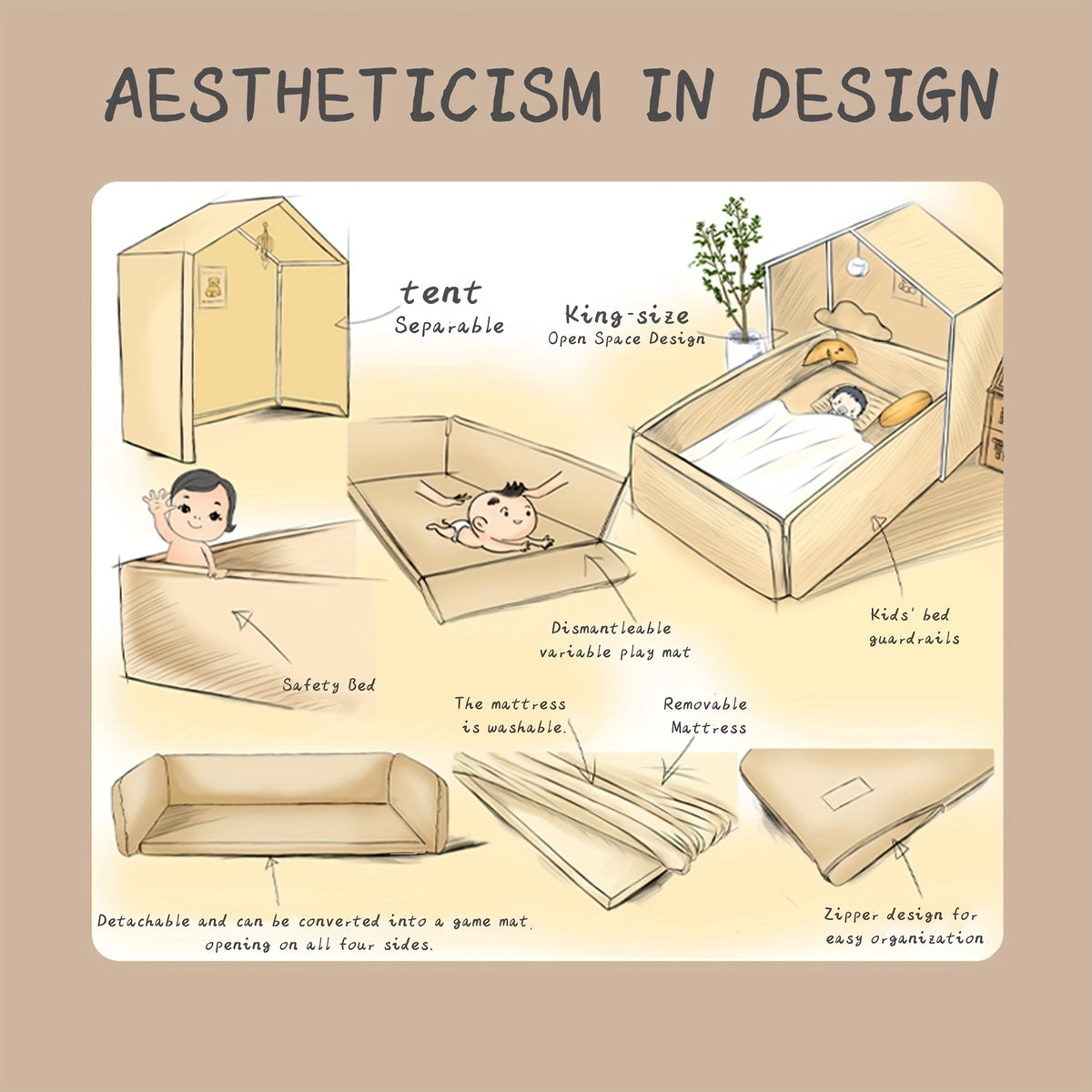 Portable Play Tent Bed with Detachable Canopy & Cushioned - Soft White Bed &, Indoor\u002FOutdoor Use, Sponge Guardrails - Bed Frame, Playhouse & Room