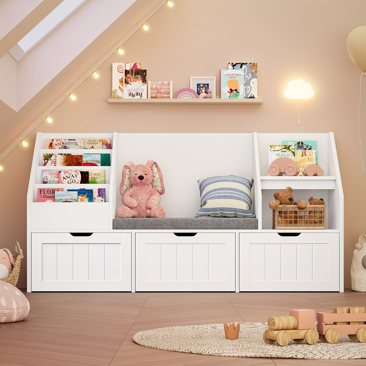 55.1'' White Bookshelf, Bookshelf With Reading Corner, Storage Cabinet With Seat Cushion And 3 Movable Drawers, Storage Bins And Storage Cabinet With Bench For Playroom, Living Room