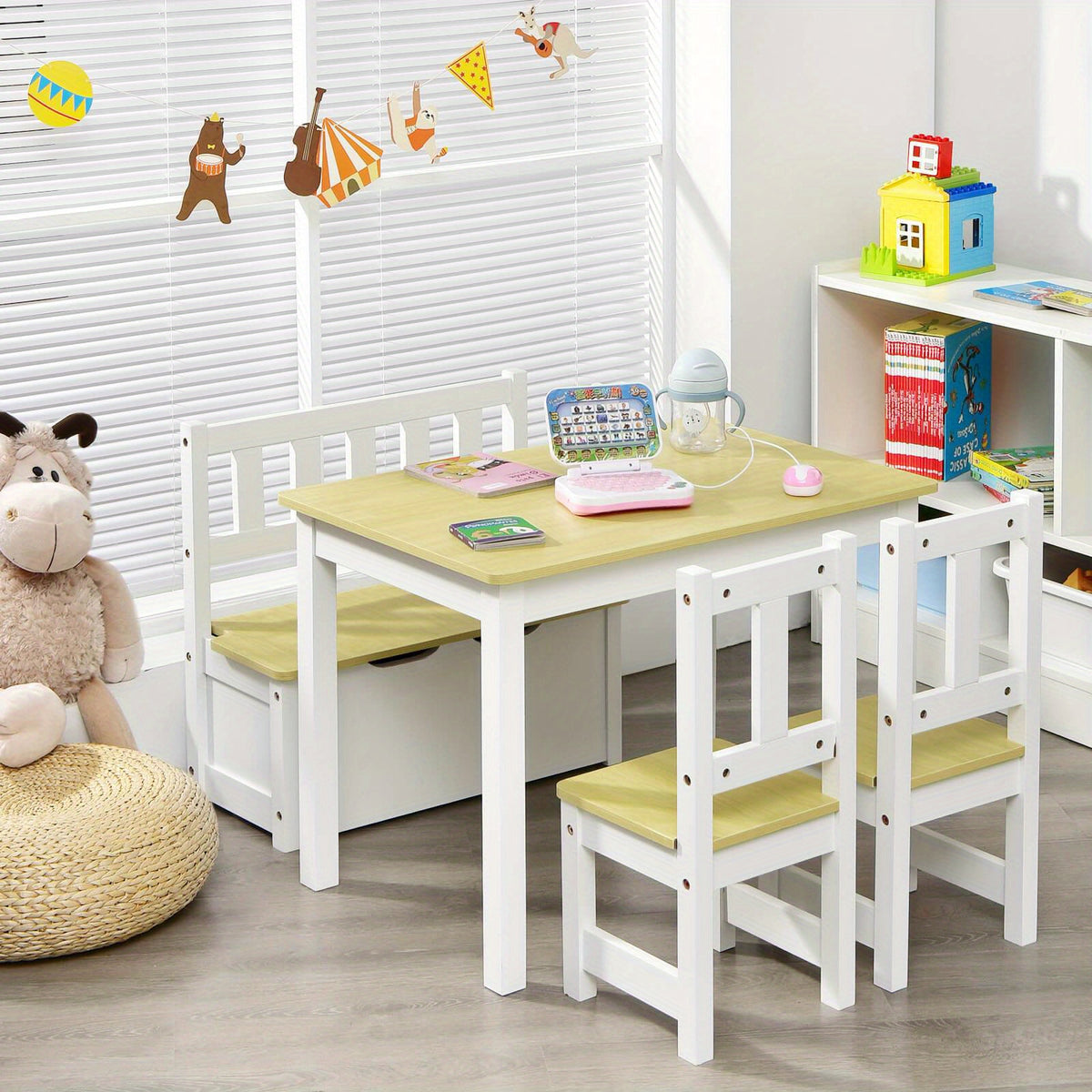 TANGKULA 4pcs Kids Wooden Activity Table & Chairs Set w\u002FStorage Bench Study Desk.