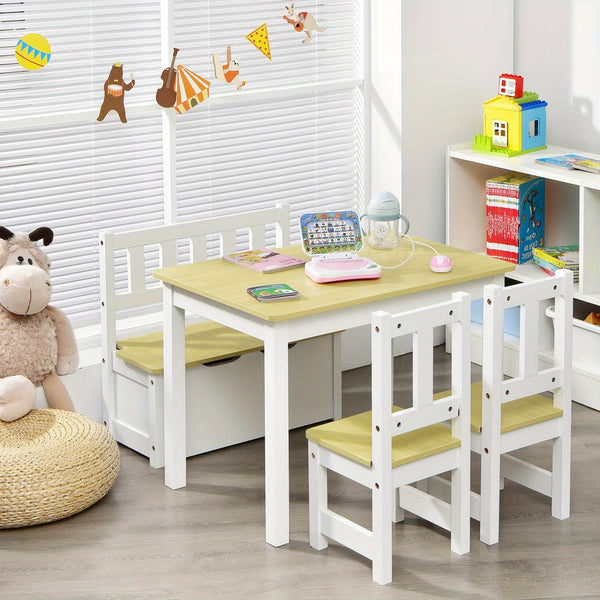 TANGKULA 4pcs Kids Wooden Activity Table & Chairs Set w\u002FStorage Bench Study Desk.