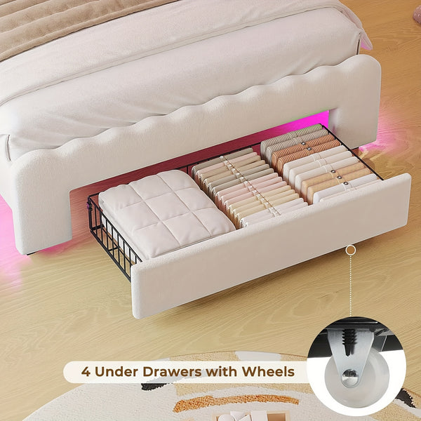 Twin Size Bed Frame With Storage Drawer LED Velvet Bed Frame Cute Girl Princess Twin Bed Butterfly Headboard Design No Box Spring Needed White