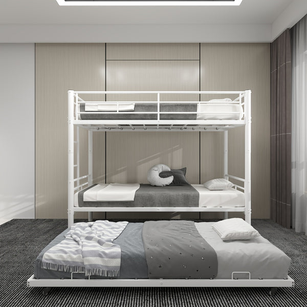 Twin Over Twin Bunk Bed With Trundle, Metal Bunkbeds With Ladder And Full-Length Guardrail, Noise Free, No Box Spring Needed