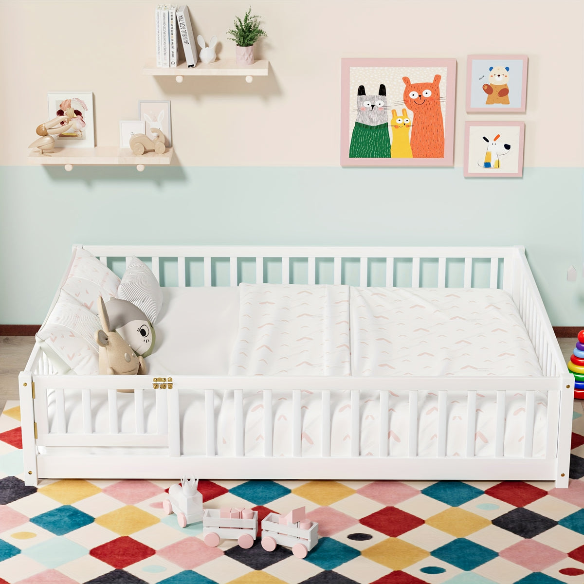Kids' Double\u002FFull\u002FQueen Bed Frame, Solid Wood with Reinforced Horizontal Bars, High-Safety Safety Rail and Fun Small Door Design, Durable Bed Suitable for Girls and Boys, Helps Develop Independence, Easy to Assemble