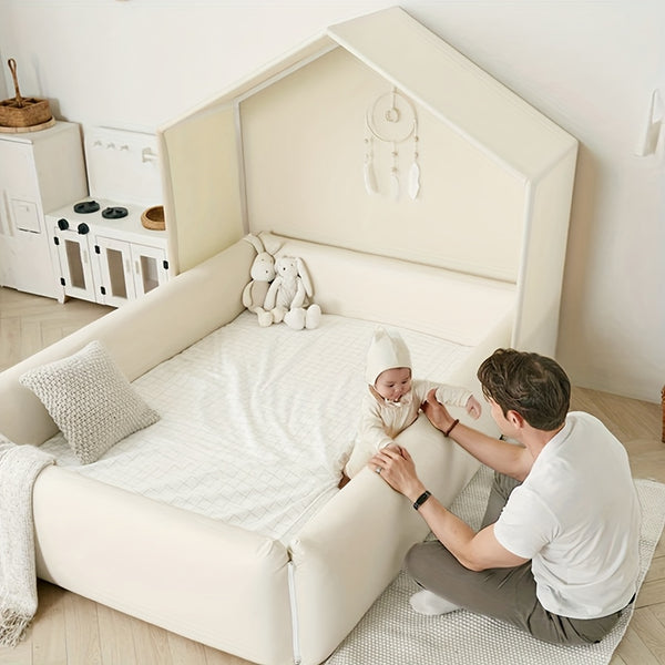 Indoor Playhouse Bed with Soft Sponge Guardrail - Portable White Tent-like Playpen, Baby- Fence for &, Easy-to-Assemble Bed Frame for, Non-Wood Durable Children's Bed Surround