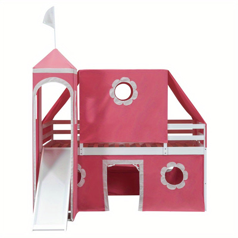 Twin Size Loft Bed with Slide Pink Tent and Tower Pink OLD SKU:WF532005AAH