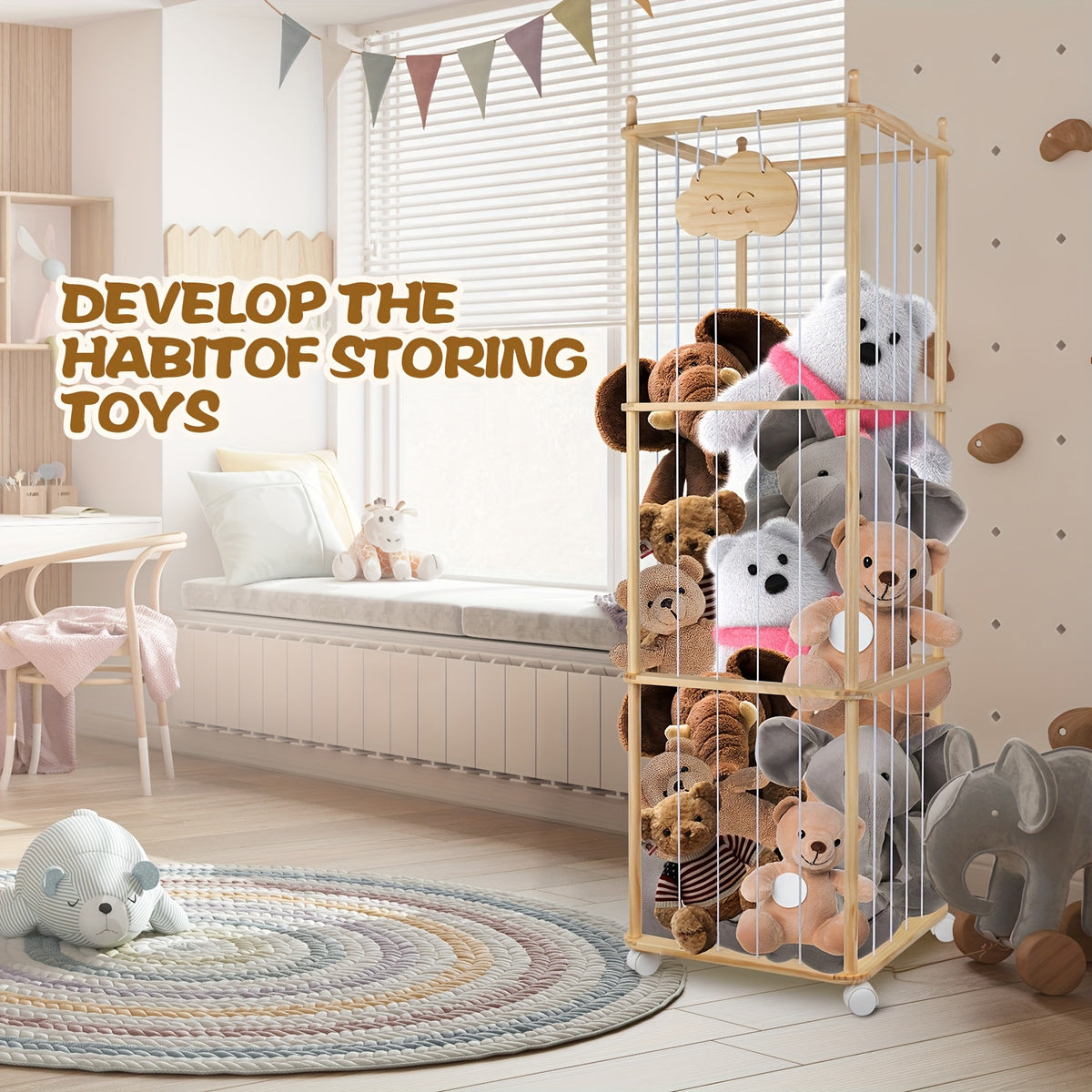 Zoo Animal Wooden Storage Rack 3-Tier Sturdy Zoo Animal Wooden Storage Rack with Elastic Rope & Lockable Wheels - Cedar Finish Lightweight Organizer for Stuffed Animals, Perfect for Bedroom, Ideal Christmas Gift