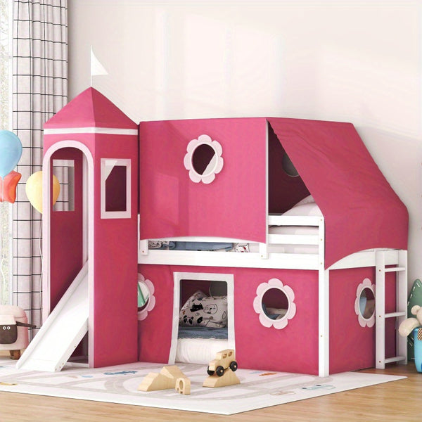 Twin Size Loft Bed with Slide Pink Tent and Tower Pink OLD SKU:WF532005AAH