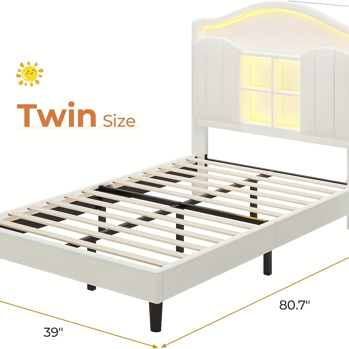 Upholstered Princess Twin Bed with LED Lights & Power Outlts, Storage Headboard Platform Bed
