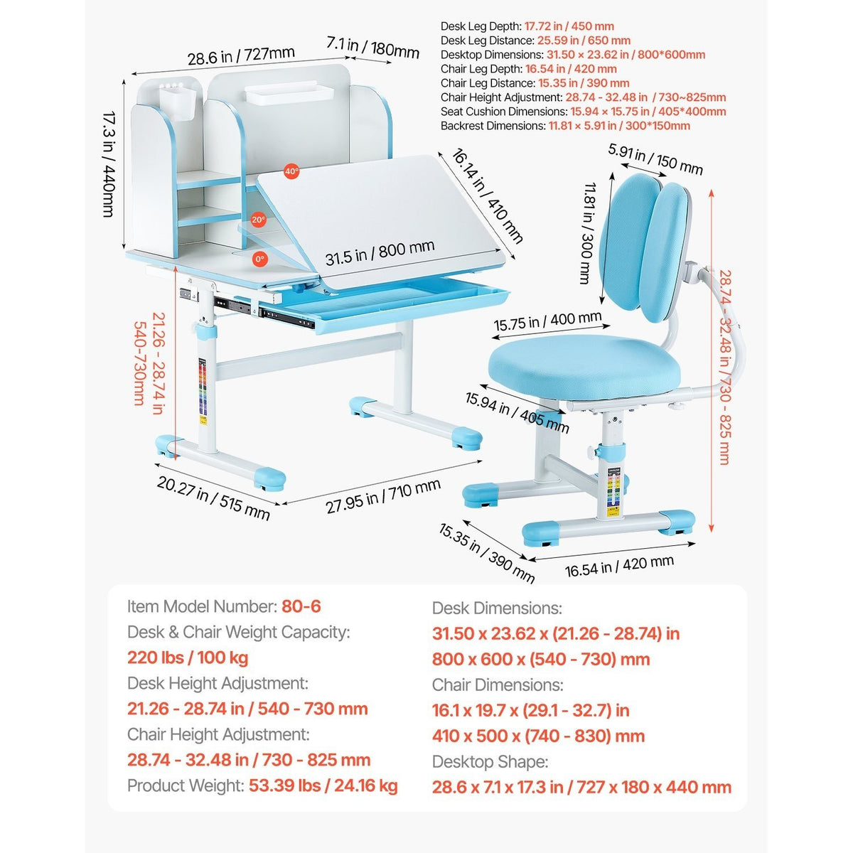 VEVOR Kids Study Chair and Desk Set, Study Desk and Chair for Kids with Bookshelf and Storage Drawer, Adjustable Height Kids Study Desk with Chair, Children Study Table for Bedroom & Study Room, Pink\u002Fblue 20.5-40.34inch\u002F20.5-43.5inch