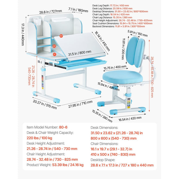 VEVOR Kids Study Chair and Desk Set, Study Desk and Chair for Kids with Bookshelf and Storage Drawer, Adjustable Height Kids Study Desk with Chair, Children Study Table for Bedroom & Study Room, Pink\u002Fblue 20.5-40.34inch\u002F20.5-43.5inch