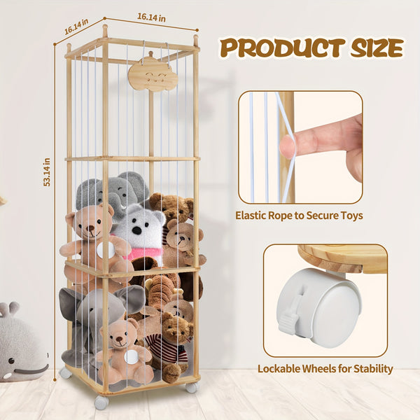Zoo Animal Wooden Storage Rack 3-Tier Sturdy Zoo Animal Wooden Storage Rack with Elastic Rope & Lockable Wheels - Cedar Finish Lightweight Organizer for Stuffed Animals, Perfect for Bedroom, Ideal Christmas Gift
