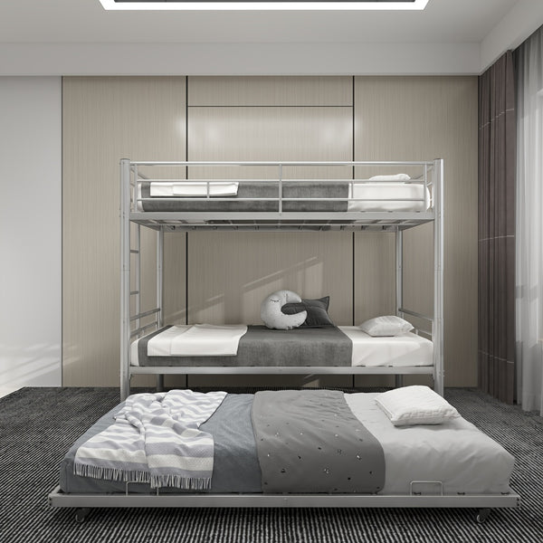 Twin Over Twin Bunk Bed With Trundle, Metal Bunkbeds With Ladder And Full-Length Guardrail, Noise Free, No Box Spring Needed