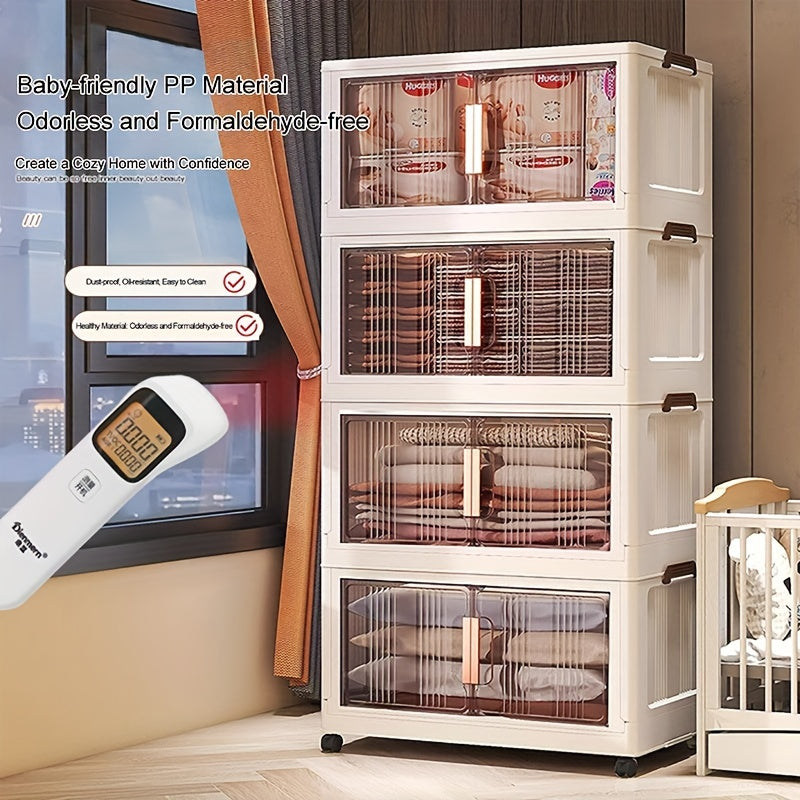 Stackable Storage Cabinet 5-Tier Stackable Plastic Storage Cabinet System - Large Capacity Organizer Bins with Doors & Wheels, Foldable Space-Saving Storage Solution for Home Organization, Easy Assembly for Bedroom, Living Room, Kitchen