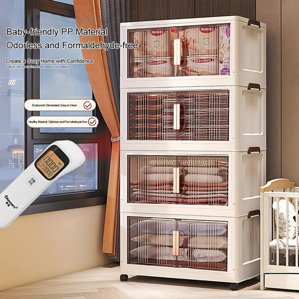 Stackable Storage Cabinet 5-Tier Stackable Plastic Storage Cabinet System - Large Capacity Organizer Bins with Doors & Wheels, Foldable Space-Saving Storage Solution for Home Organization, Easy Assembly for Bedroom, Living Room, Kitchen