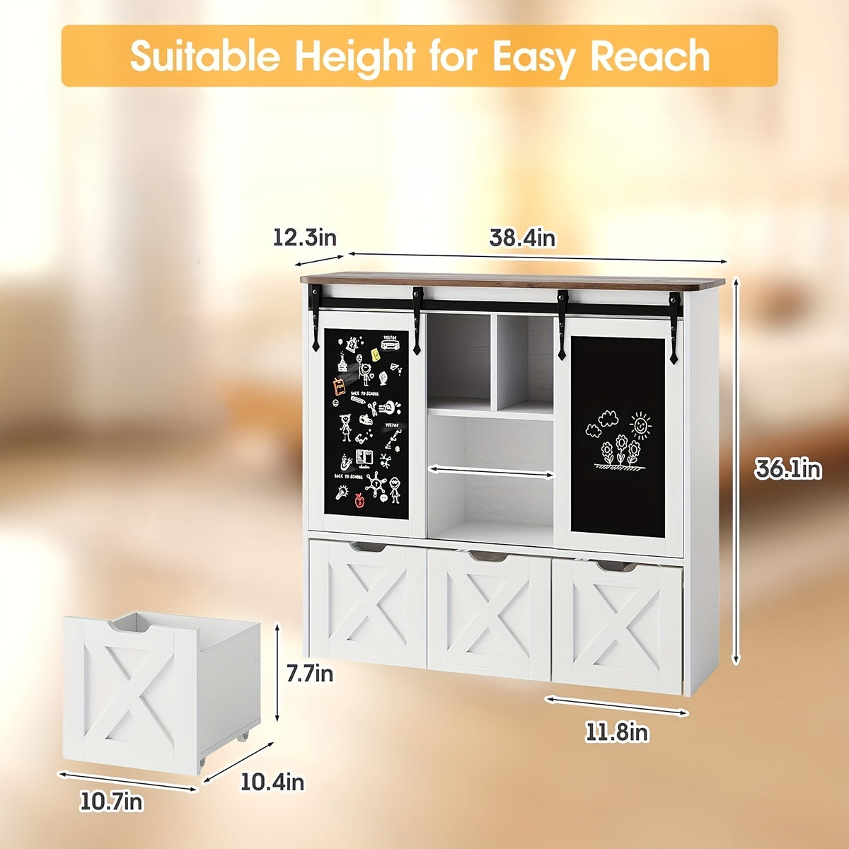 Storage Organizer With Sliding Blackboard, Bookshelf And Bookcase With 3 Movable Drawers & 5 Storage Cubbies, Multifunctional Storage Cabinet Chest For Playroom, Bed Room