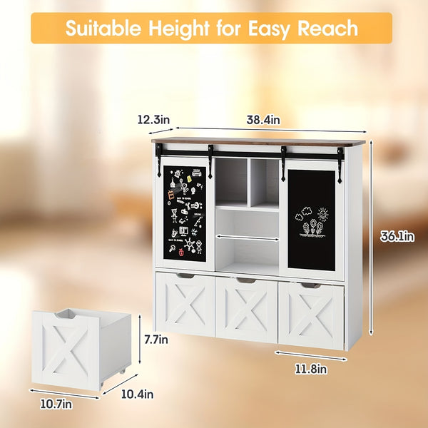 Storage Organizer With Sliding Blackboard, Bookshelf And Bookcase With 3 Movable Drawers & 5 Storage Cubbies, Multifunctional Storage Cabinet Chest For Playroom, Bed Room