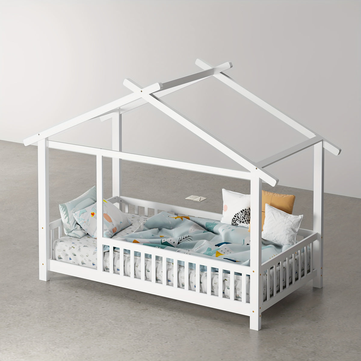 SOGES Wood Montessori House Bed Frame – Low Floor Bed With Fence & Guardrails, Bed Frame With House Roof Canopy, Decoratable Playhouse Bed, No Box Spring Needed
