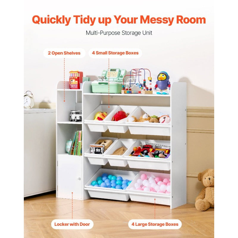 Quality Assurance Toy Storage and Bookshelf 4Tier Toy Storage Organizer with 8 Flexible Plastic Bins Cubby Cabinet with Bookshelf for Study Room Bedroom Playroom Classroom Nursery White Currently on sale