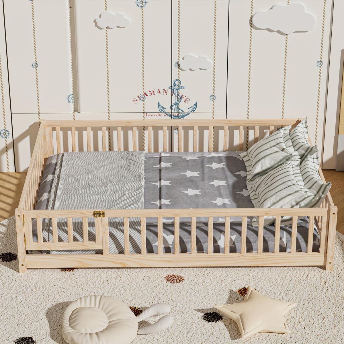 Kids' Double\u002FFull\u002FQueen Bed Frame, Solid Wood with Reinforced Horizontal Bars, High-Safety Safety Rail and Fun Small Door Design, Durable Bed Suitable for Girls and Boys, Helps Develop Independence, Easy to Assemble