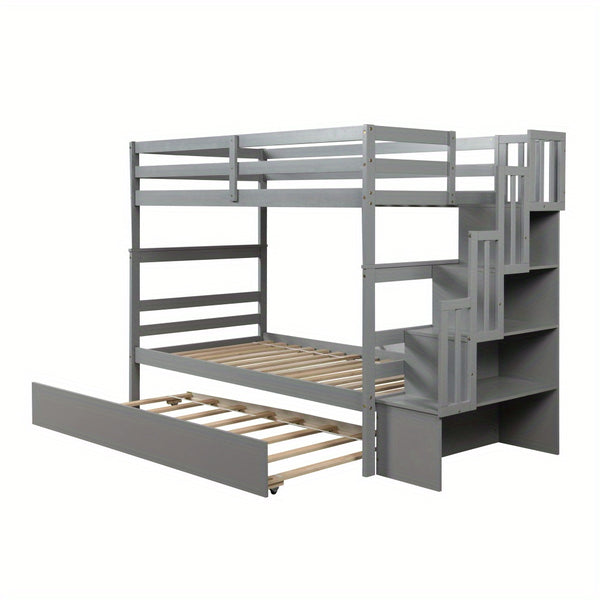 RIDFY Twin over Twin Bunk Bed with Twin Trundle & Stairway Storage - Space-Saving Hardwood Frame, Retro Style, Easy Assembly, Grey - Ideal for Youngsters' Rooms, Guest Bedrooms, Dorms