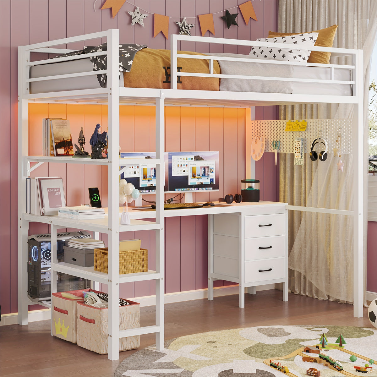 Loft Bed with L-Shaped Desk, Twin Size Bed with LED Lights and Charging Station, Twin Metal Loft Bed Frame with Drawers and Shelve, 13.4\