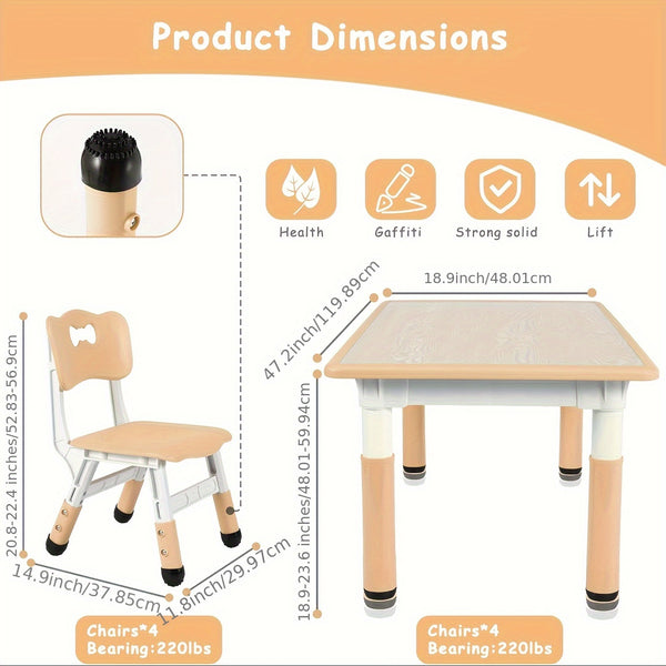 Kids Table And 4 Chair Set, Height Adjustable Table And Chair Set, Non-Slip Legs, Graffiti Desktop, Large Children Activity Table, Reading Daycare Classroom Home