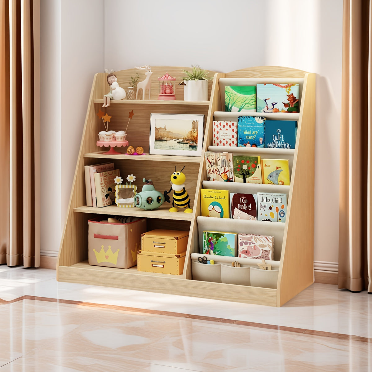 Multi-Functional Wooden Bookshelf & Toy Storage Cabinet - 6-Tier Ladder Shelf Organizer with 27\