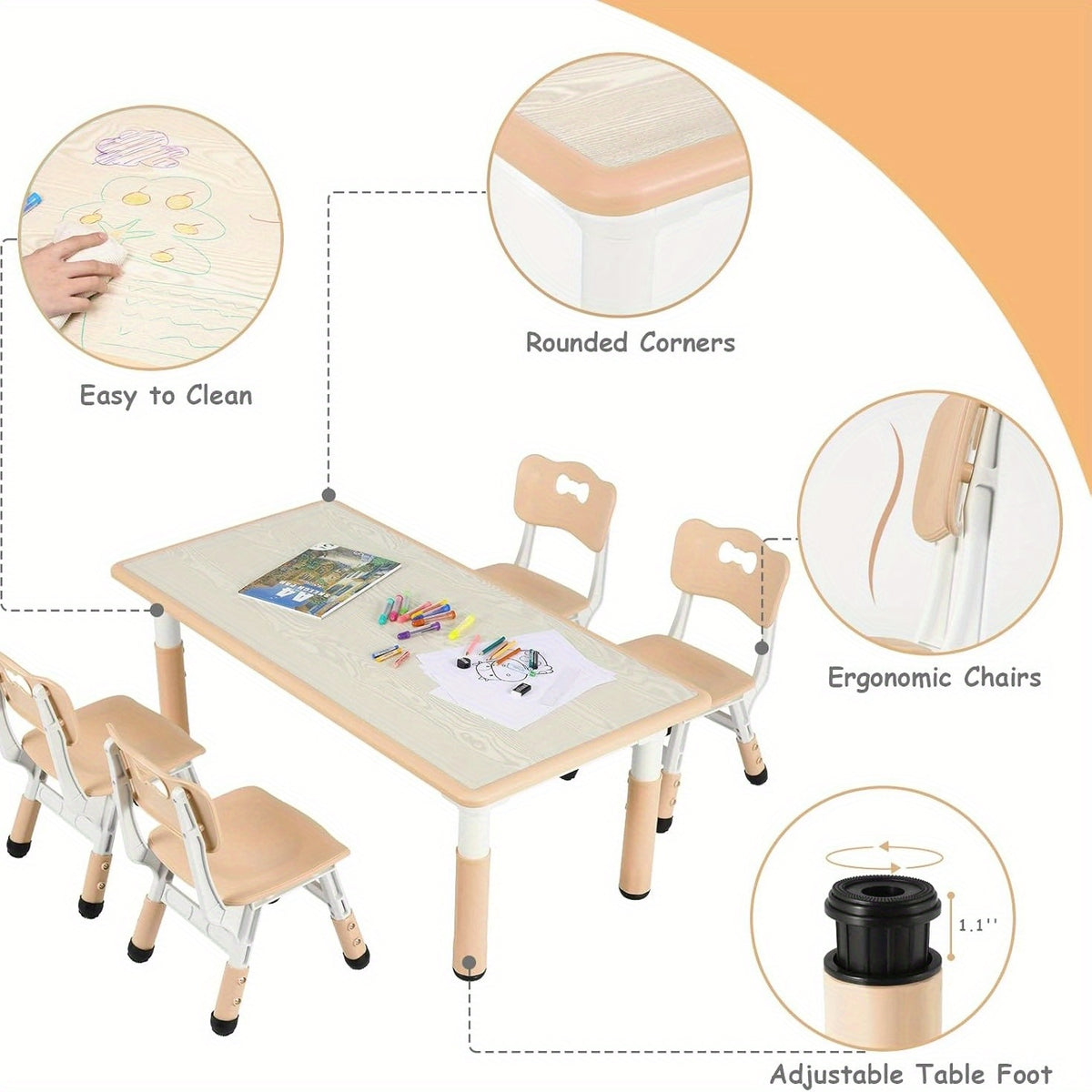 Kids Table And 4 Chair Set, Height Adjustable Table And Chair Set, Non-Slip Legs, Graffiti Desktop, Large Children Activity Table, Reading Daycare Classroom Home