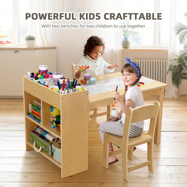 Children'S Table With 2 Chairs, Children'S Seating Group With Storage Space, Wooden Children'S Table Chair Set, Painting Table Desk With Paper Roll And 4 Storage Boxes, Children'S Table For School Daycare