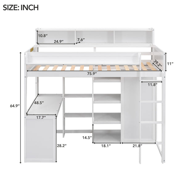 Wood Twin Size Loft bed with Multiple Storage Shelves and Wardrobe, White