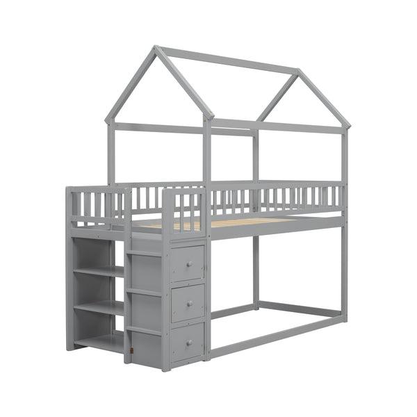 HOUSE BUNK BED WITH SHELVES AND DRAWERS FOR GREY COLOR