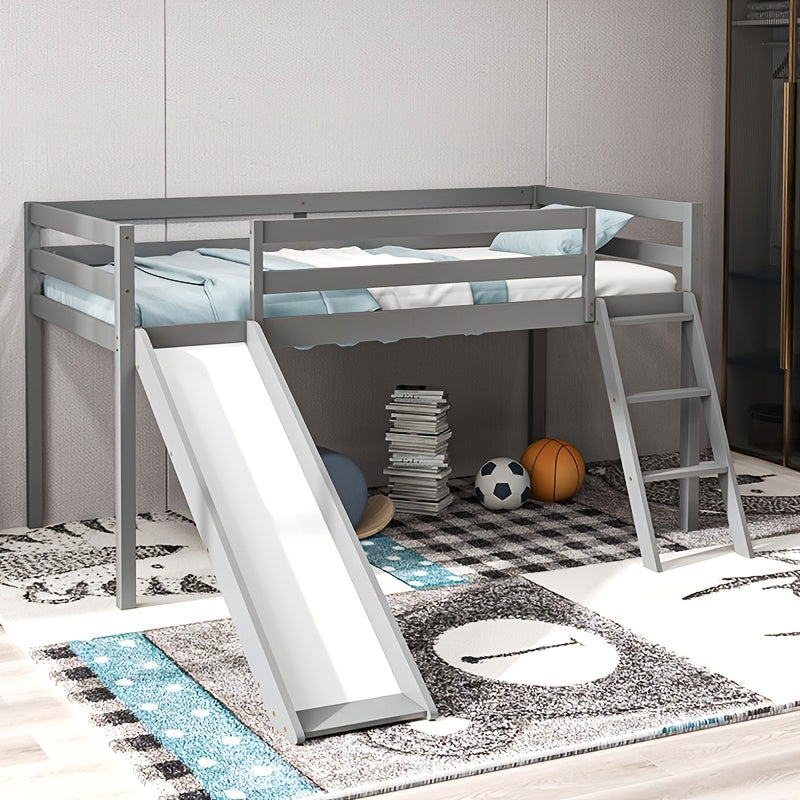 Modern Twin Size Loft Bed with Slide & Stairs, Solid Pine Wood, Space-Saving Design, Safety Guardrails, Anti-Slip Steps, Easy Assembly, Gray Finish for Youngsters' Room or Playroom, Youngsters' Room Furniture | Modern Aesthetic | Natural Finish Bed