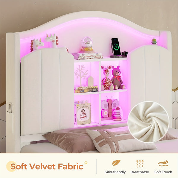 Upholstered Princess Twin Bed with LED Lights & Power Outlts, Storage Headboard Platform Bed