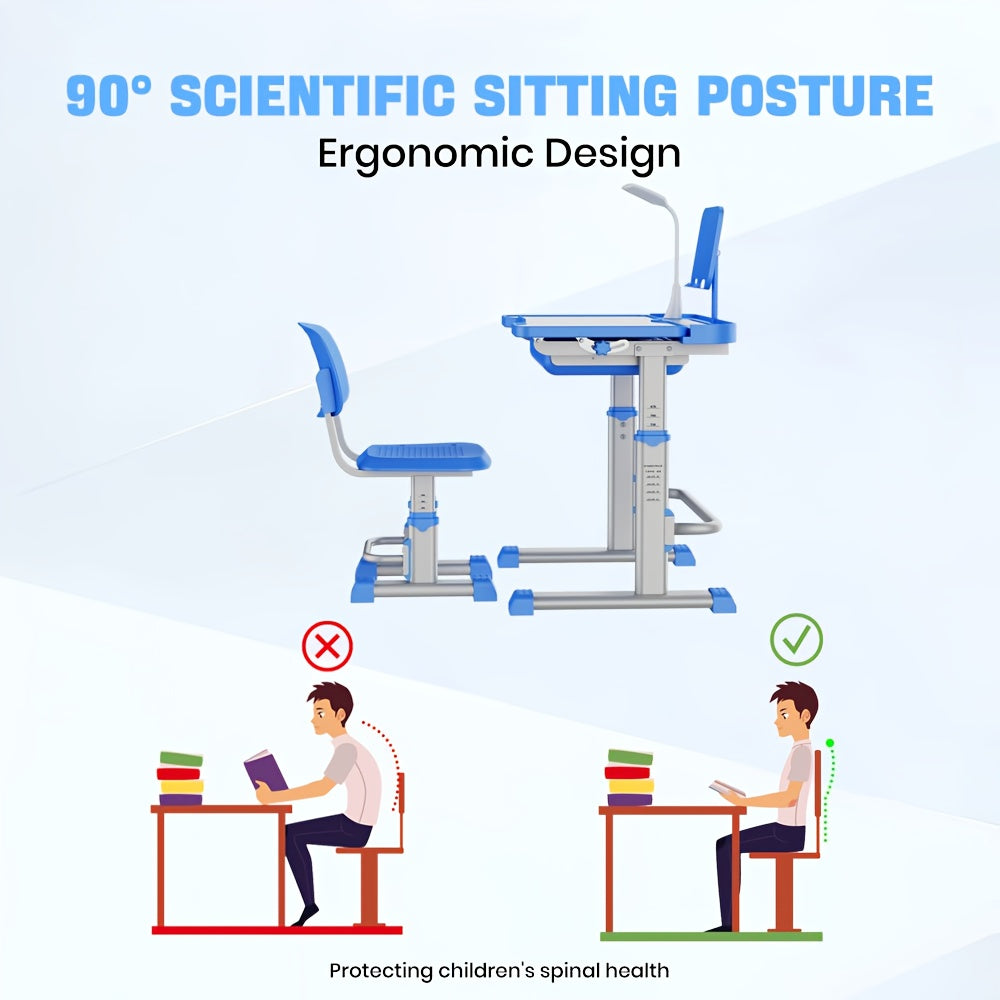 Study Table And Chair Set - Height-adjustable, Tilting Tabletop, Ergonomically Designed Table And Chair for Kids, Primary School Students And Teenagers Aged 3-18 Years (pink, Blue, Grey). Car Accessories, Christmas Gifts