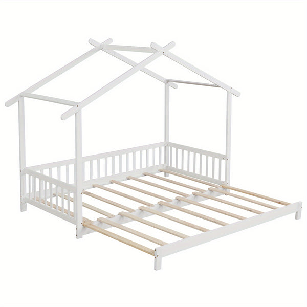 COSTWAY Adjustable Kids Bed Frame, Classic Style Wooden Daybed with Roof and Side Rails, Extendable from Twin to King Size, Hardwood and Wood-Based Panel Construction, with No Box Spring Required for Children 6-12 Years Old