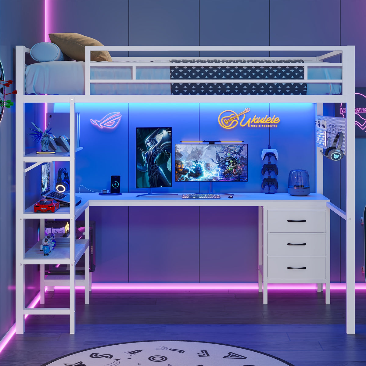 Loft Bed with L-Shaped Desk, Twin Size Bed with LED Lights and Charging Station, Twin Metal Loft Bed Frame with Drawers and Shelve, 13.4\