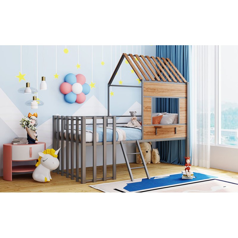 Metal Twin size Loft Bed with Roof Window Guardrail Ladder Silver