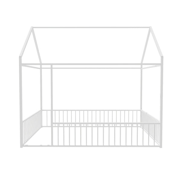 Twin\u002FFull Size Metal Floor Bed, Floor Bed Frame With Safety Fence For Bedroom, Can Be Decorated, No Box Spring Needed, Black And White