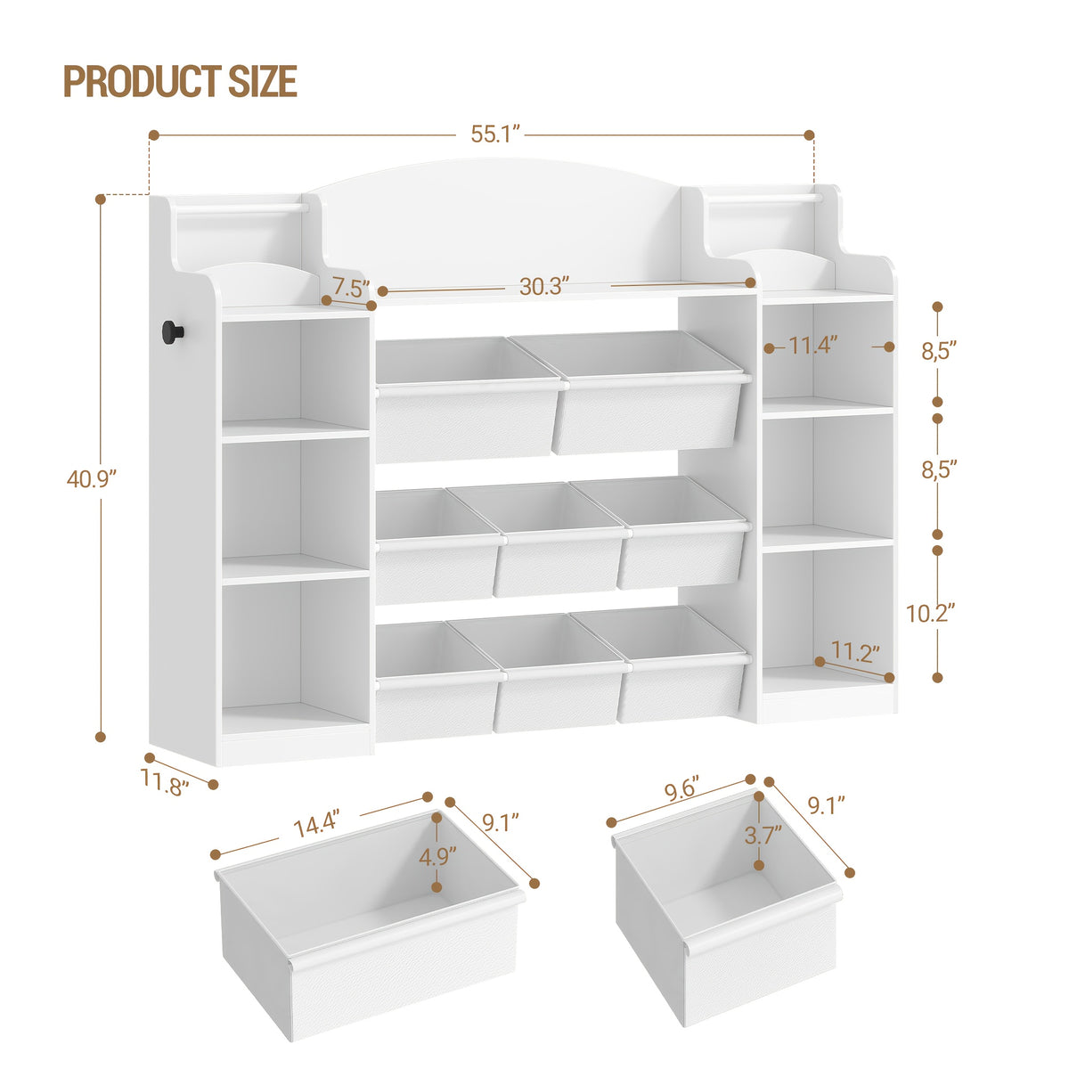 Kids Bookshelf, Toy Storage Organizer, Toy Shelf with 8 Storage Bins, 4-Tier Toddler Bookshelf for Children's Room, Bedroom, Playroom, Living Room, Study Room, Nursery White