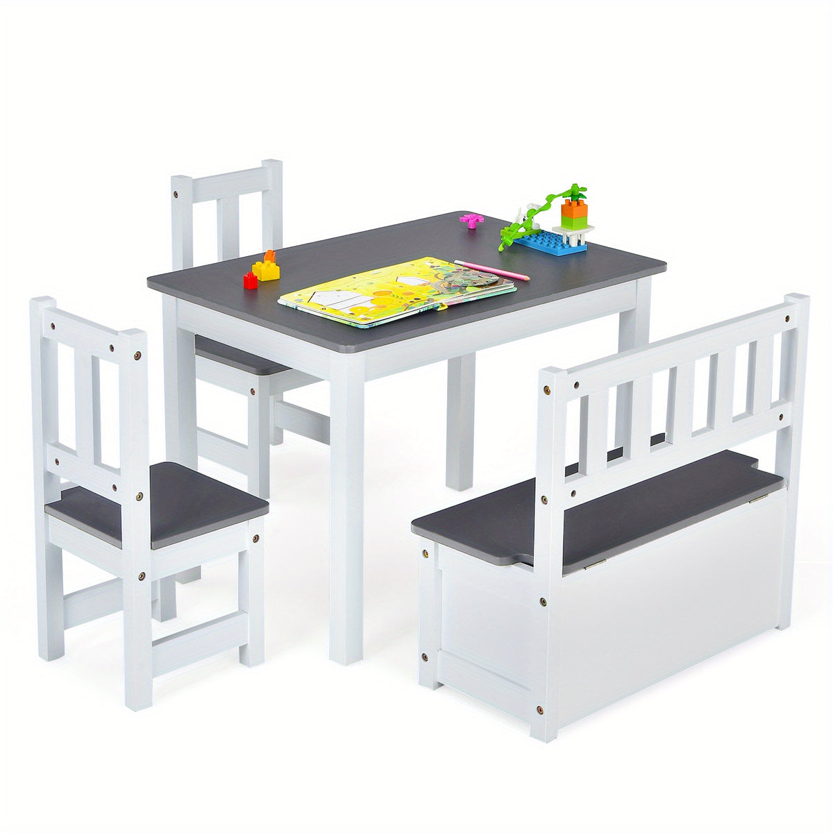 TANGKULA 4pcs Kids Wooden Activity Table & Chairs Set w\u002FStorage Bench Study Desk.