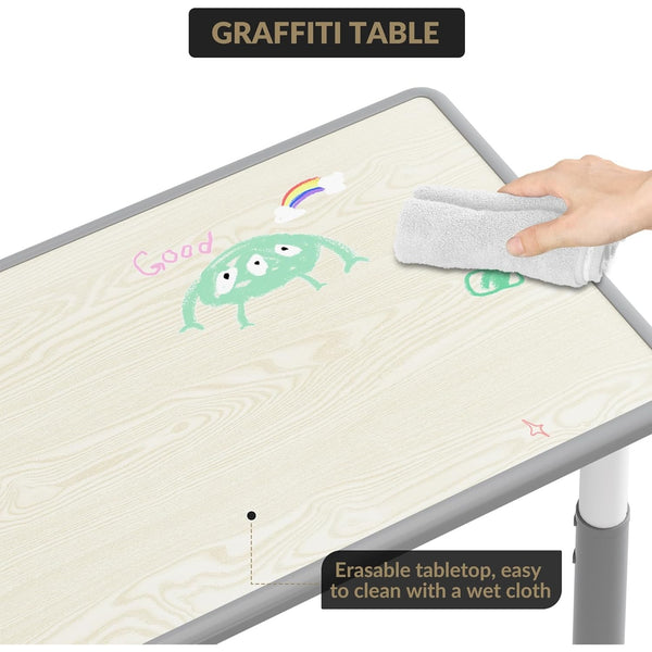 Kids Table and 6 Chairs Set, Height Adjustable Children Table Chair, Anti-Slip Floor Mats Particle Board Easy to Clean Desktop Includes Storage Box and Color Pens for Classrooms Homes Daycares